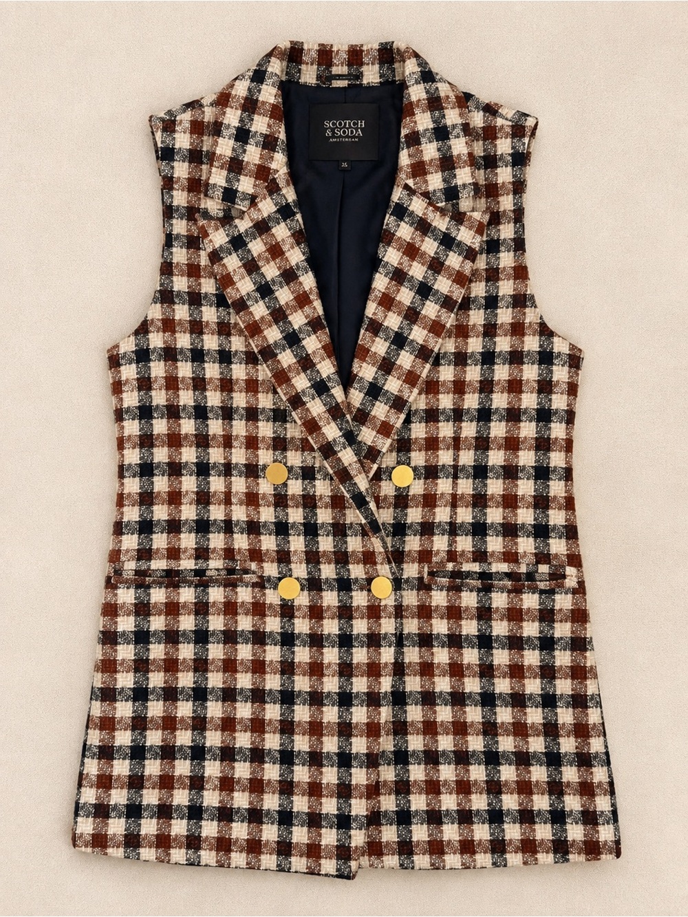 Scotch & Soda Plaid Longline Brown, Cream & Black Checked Double-Breasted Vest